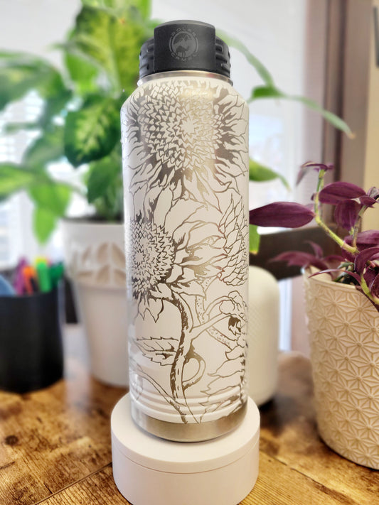 40oz Sunflower Print Water Bottle - 360 degree engraving! FREE SHIPPING