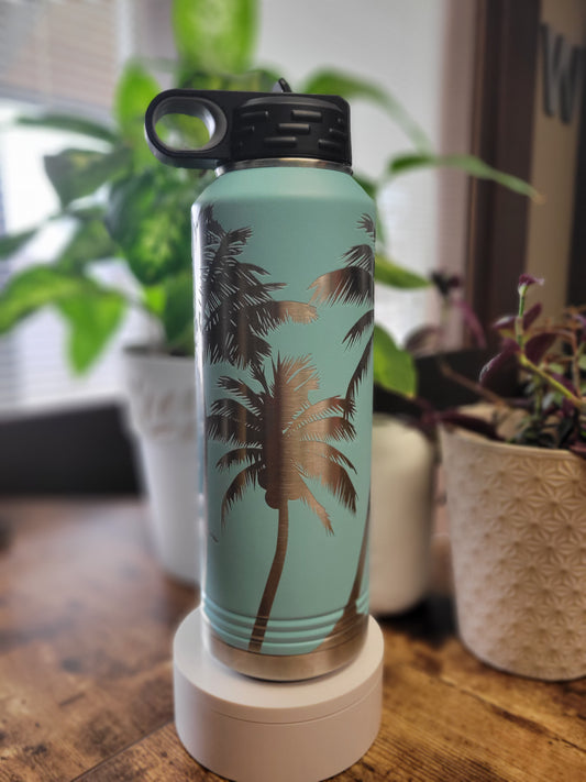 40oz Palm Tree Print Water Bottle - 360 degree engraving! FREE SHIPPING