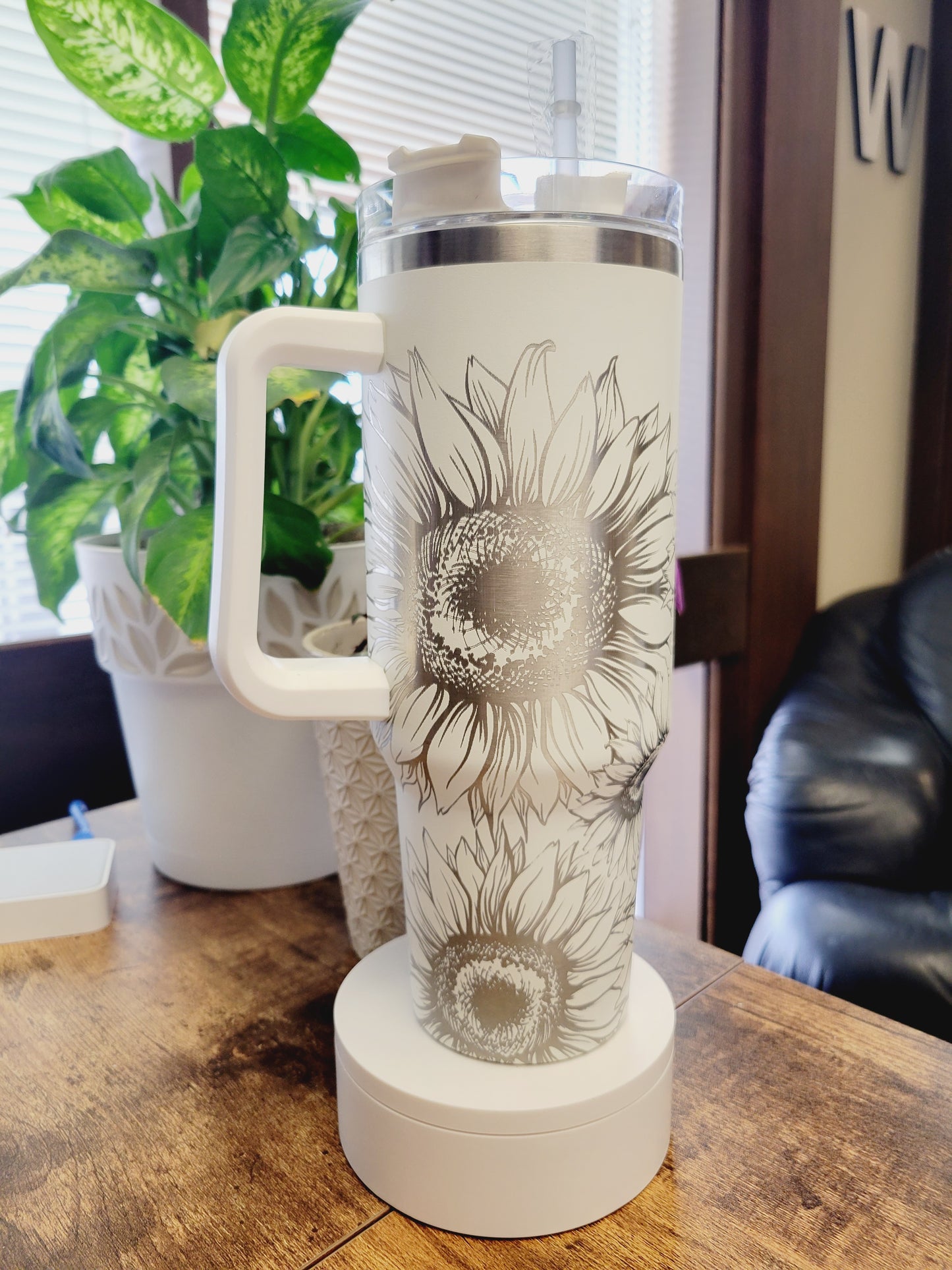 40oz Sunflower Print Stanley Style Cup with Handle - 360 degree